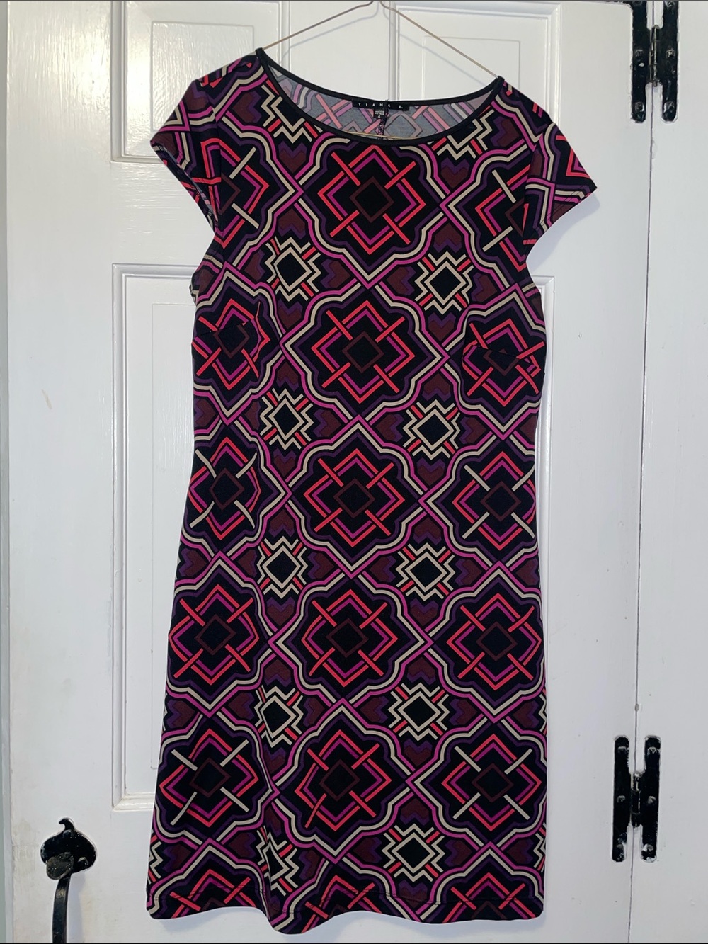 Tiana B. Geometric Midi Dress in Black, Pink and Taupe